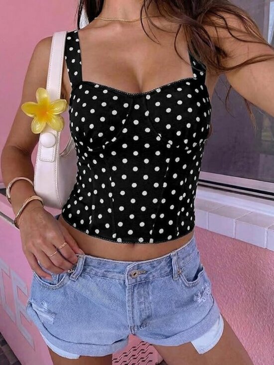 Tops - Women's Black Polka Dot Crop Top Sleeveless Going Out Tank Backless Trendy